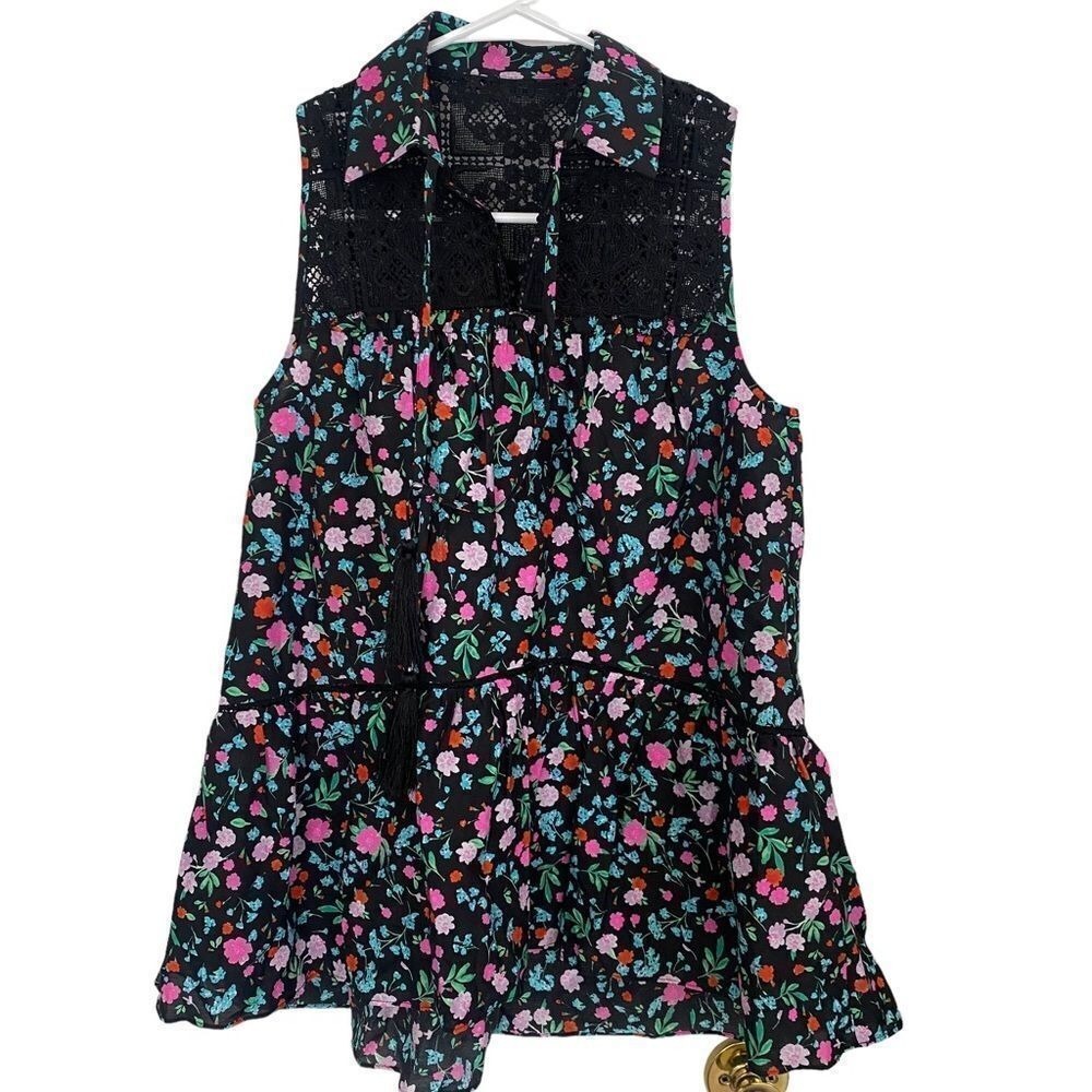 Kate Spade Top Women's XS Silk Greenhouse Lace Floral Print Tassel Yoke